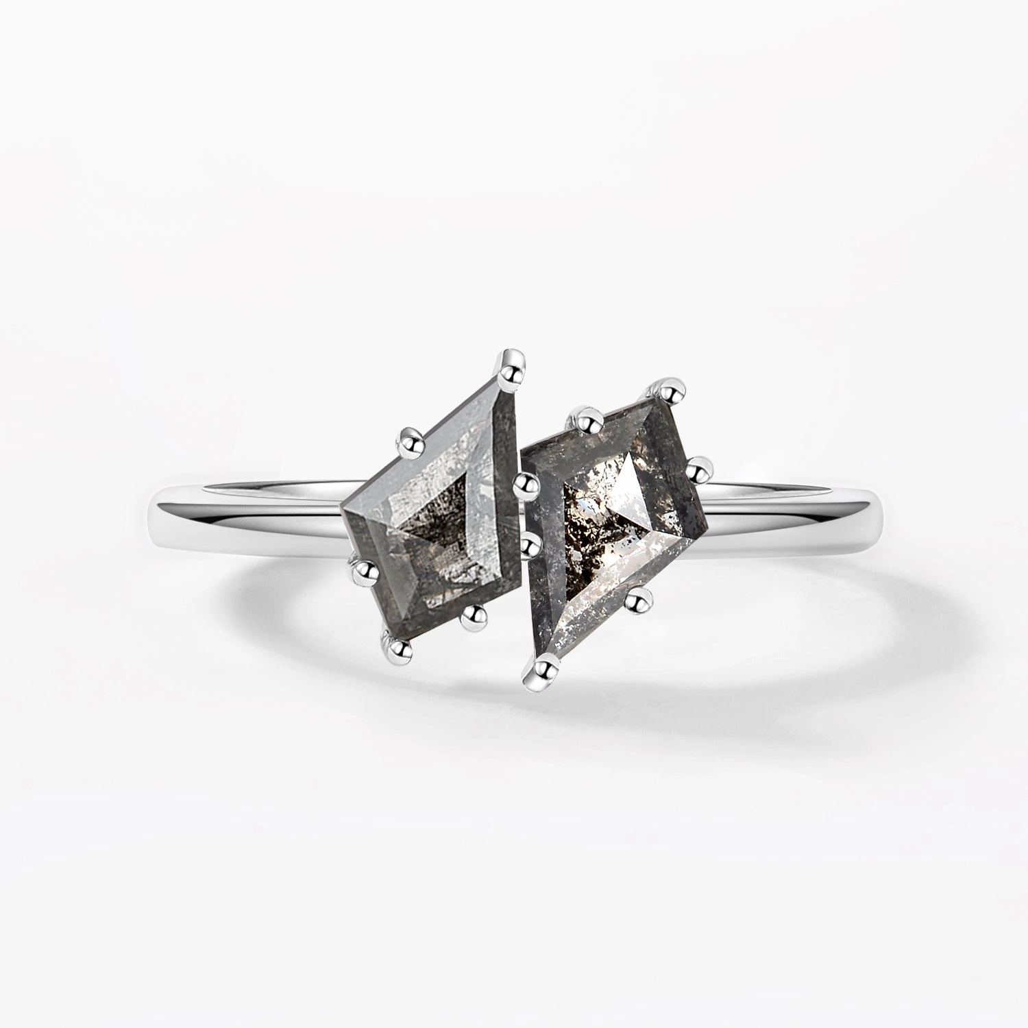 Charming Shine Sophisticated Gem Toi Et Moi Salt and Pepper Diamonds Kite Cut Two Stone Engagement Ring