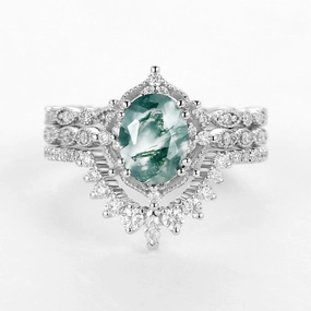 Sophisticated Style Fresh Form 1.5ct Moss Agate Signature Vintage White Gold Ring Set 3pcs
