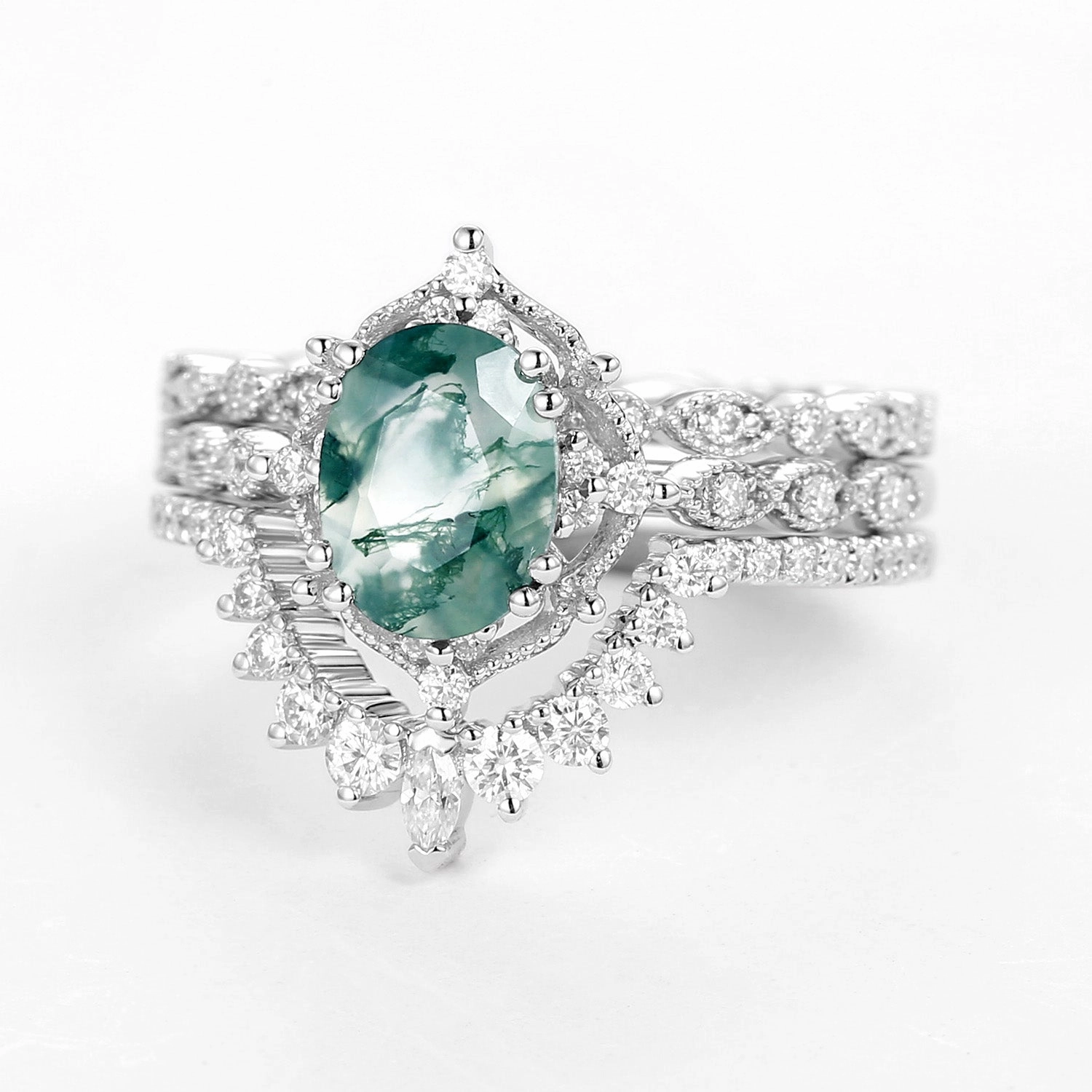 Flat Detail Unique Element 1.5ct Moss Agate Signature Vintage White Gold Ring Set 3pcs