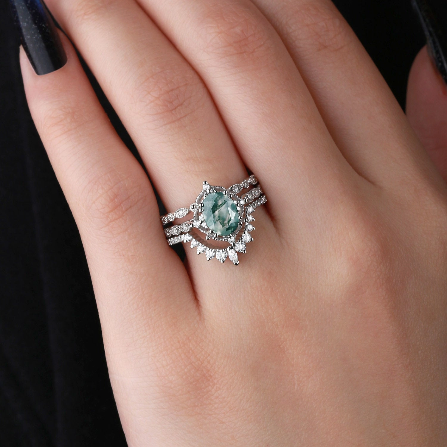 1.5ct Moss Agate Signature Vintage White Gold Ring Set 3pcs Smooth Curve Neutral Tone