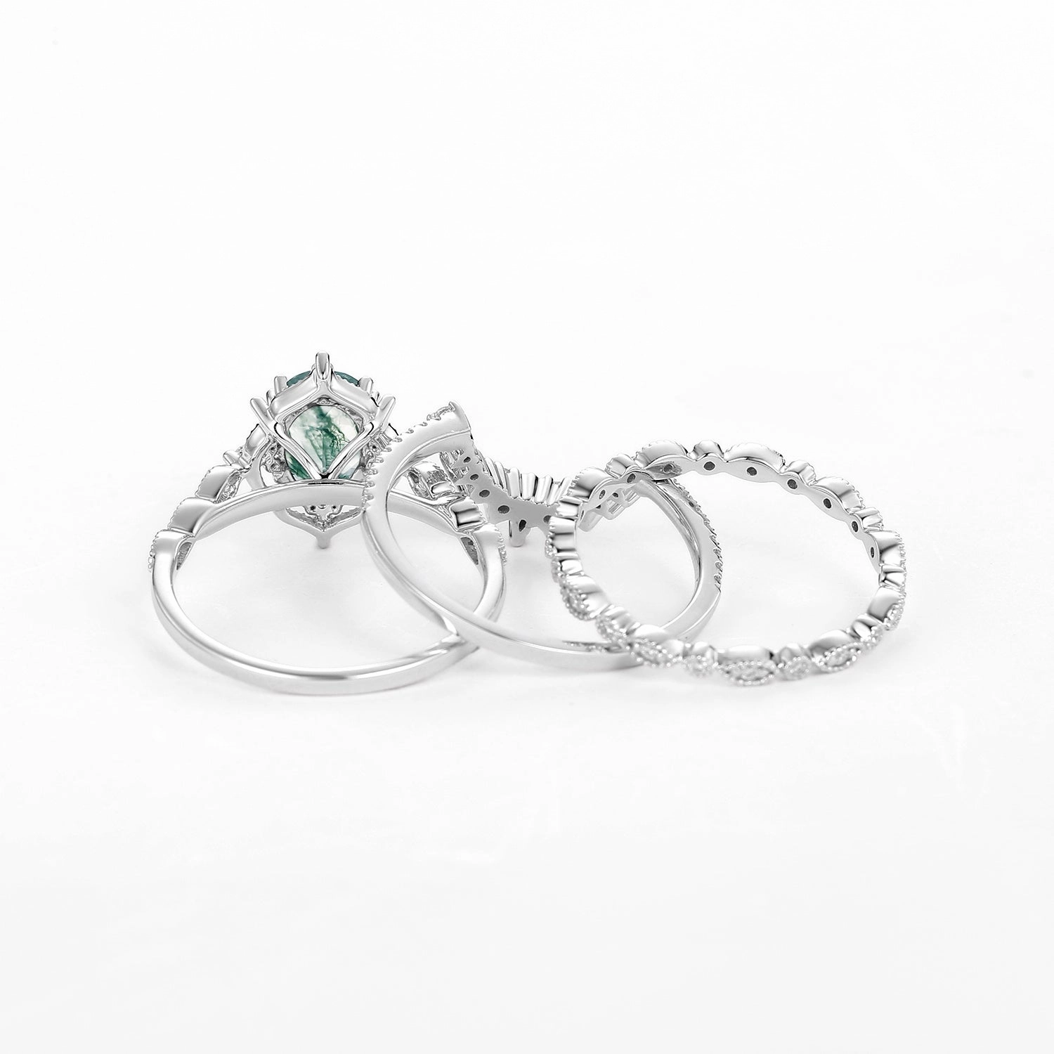 1.5ct Moss Agate Signature Vintage White Gold Ring Set 3pcs Boho Charm