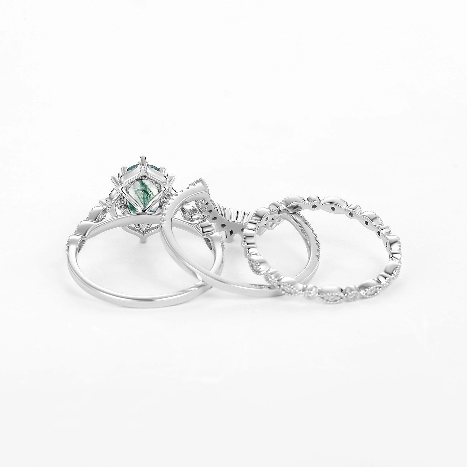 1.5ct Moss Agate Signature Vintage White Gold Ring Set 3pcs Year Round Shiny Product