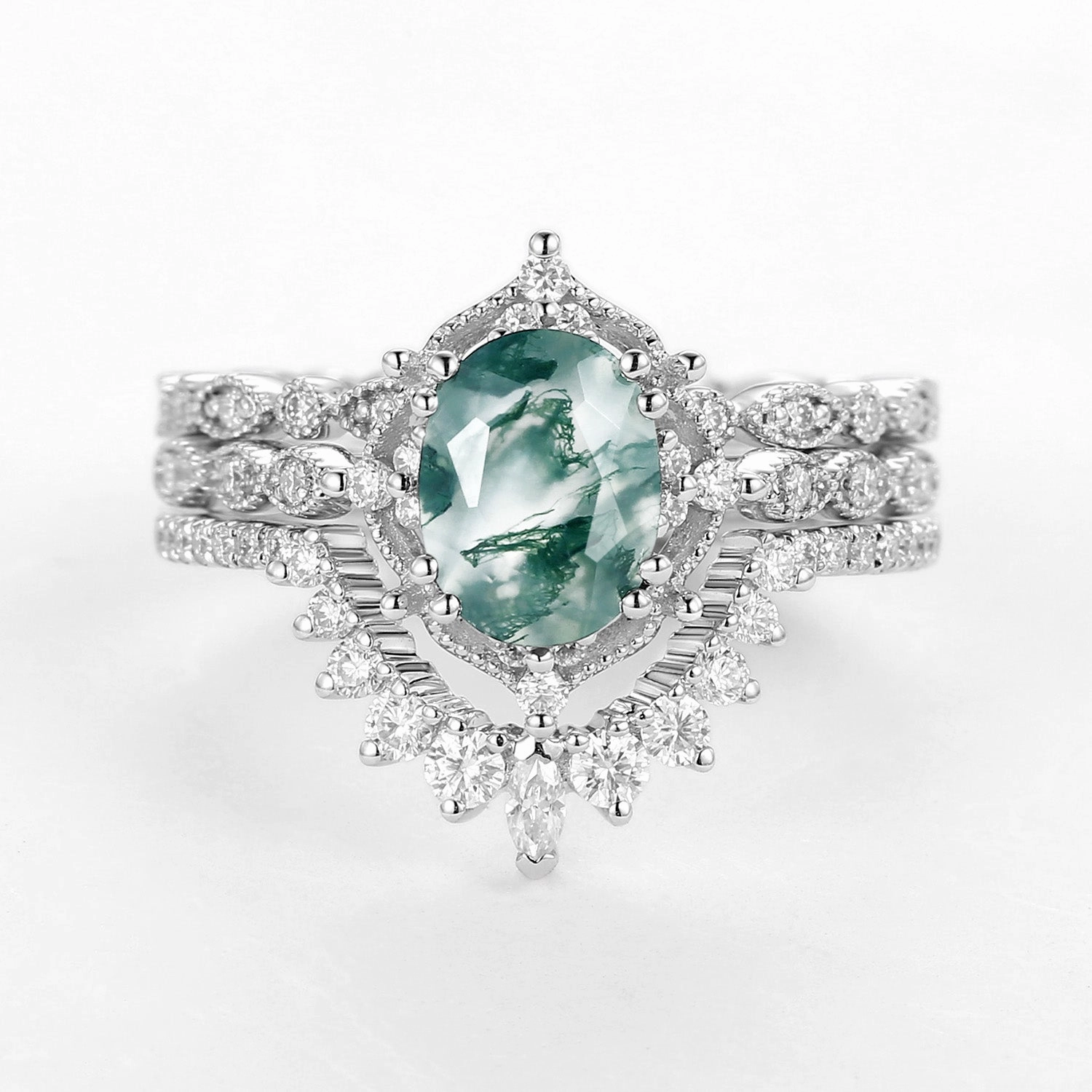 Sophisticated Style Fresh Form 1.5ct Moss Agate Signature Vintage White Gold Ring Set 3pcs