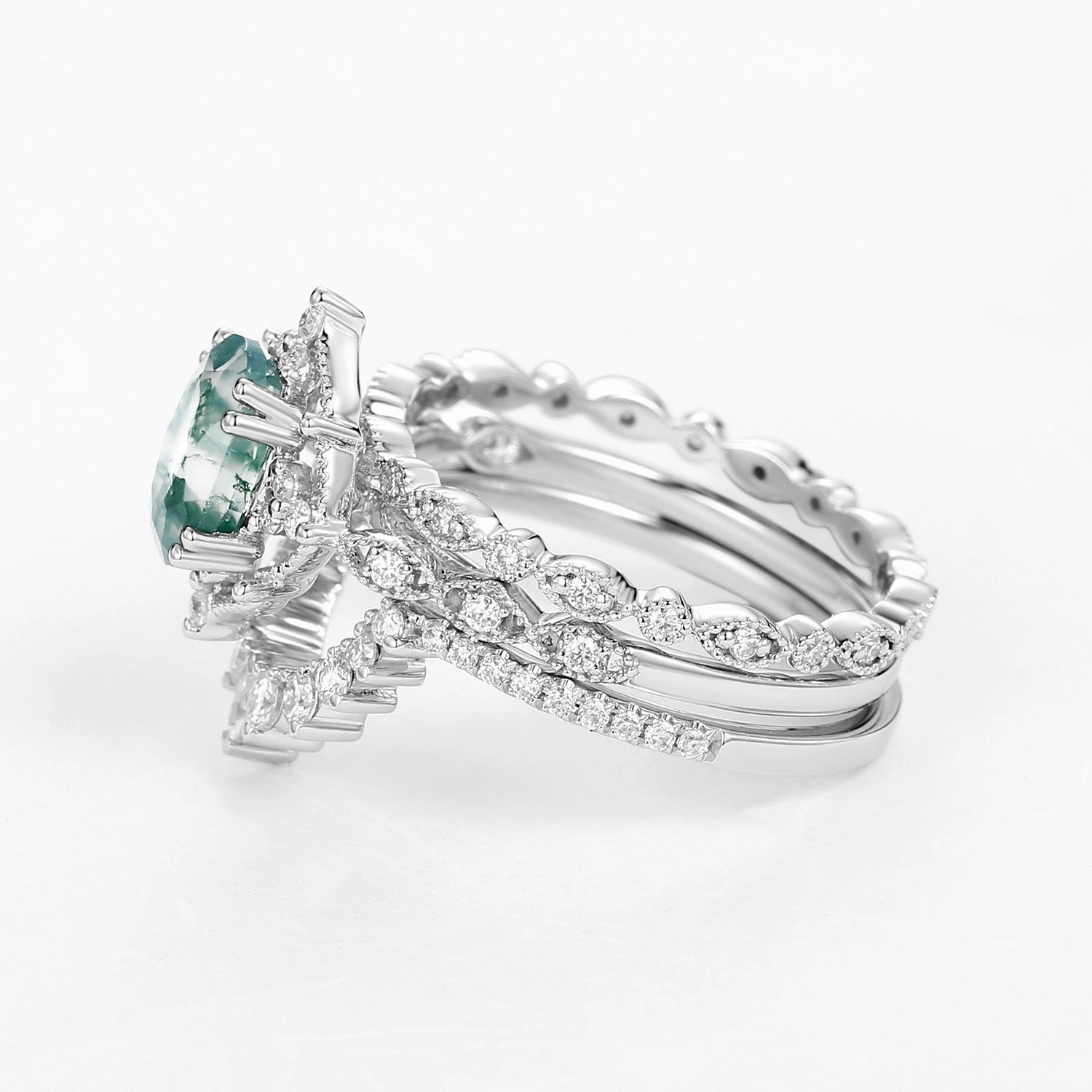 1.5ct Moss Agate Signature Vintage White Gold Ring Set 3pcs Luxe Shine Up