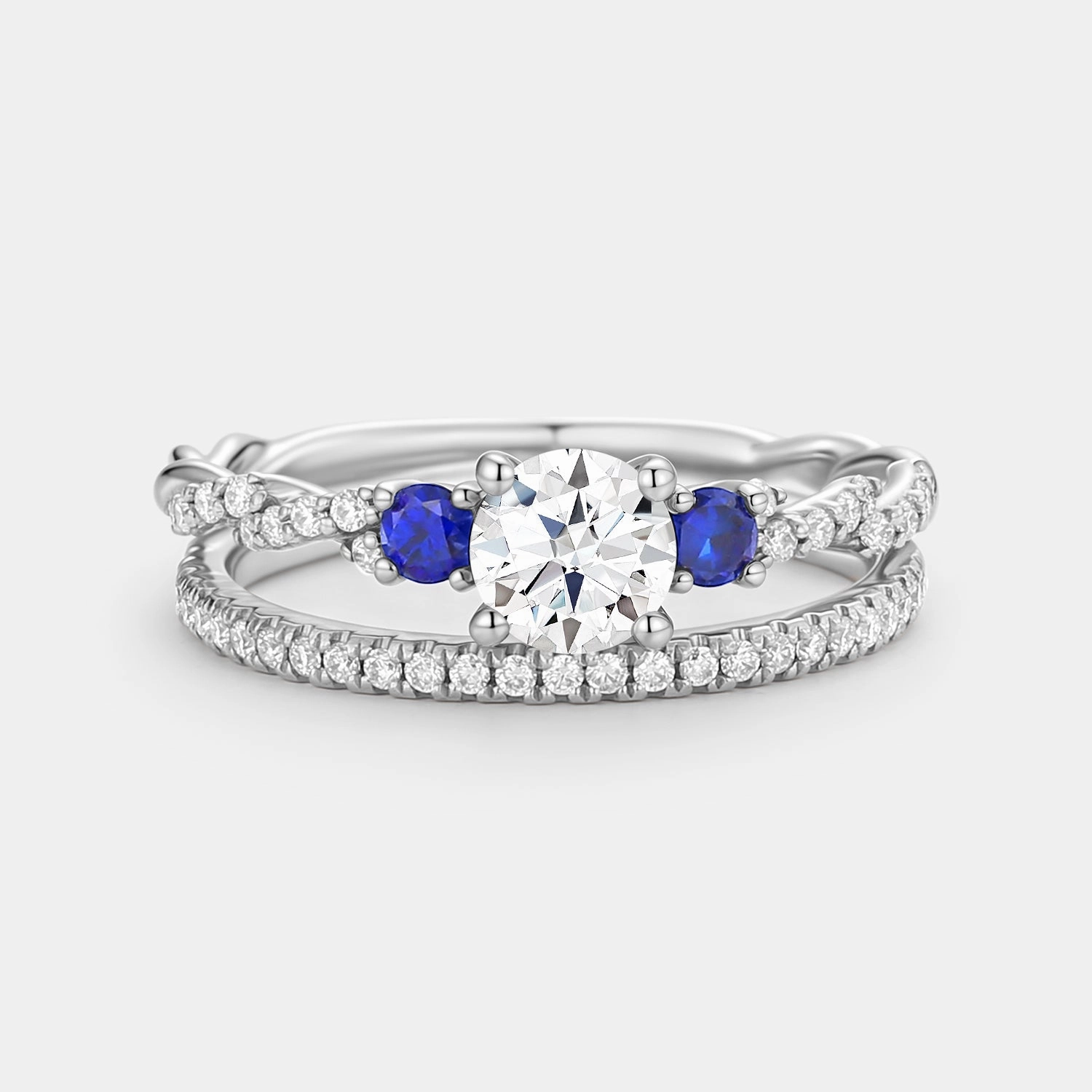 Round Cut Moissanite & Lab Sapphire Cluster Engagement Ring Set 2pcs - Clara Seasonal accessory