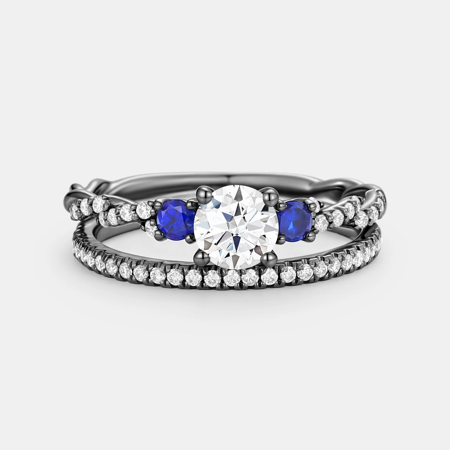 Round Cut Moissanite & Lab Sapphire Cluster Engagement Ring Set 2pcs - Clara Attractive Appearance