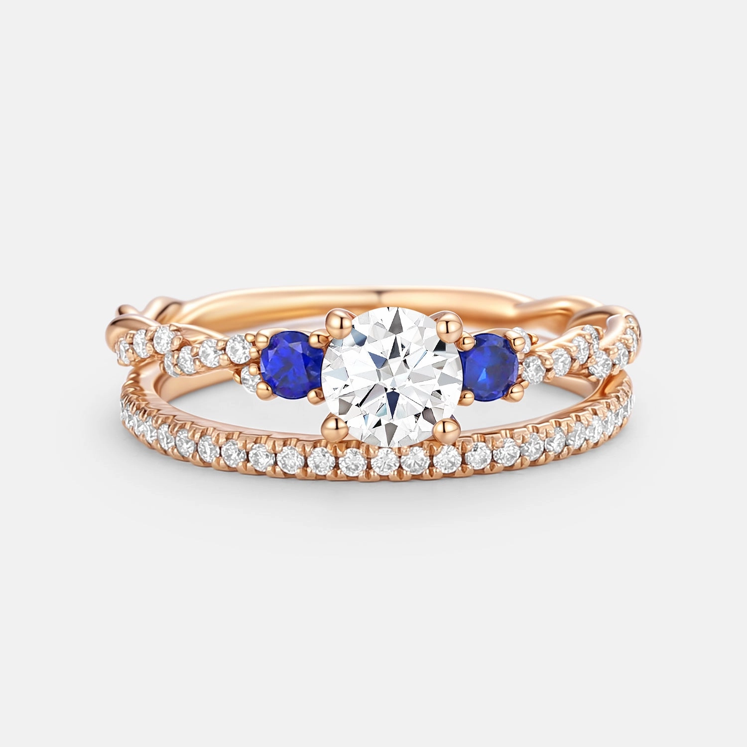 Hypoallergenic Article Round Cut Moissanite & Lab Sapphire Cluster Engagement Ring Set 2pcs - Clara