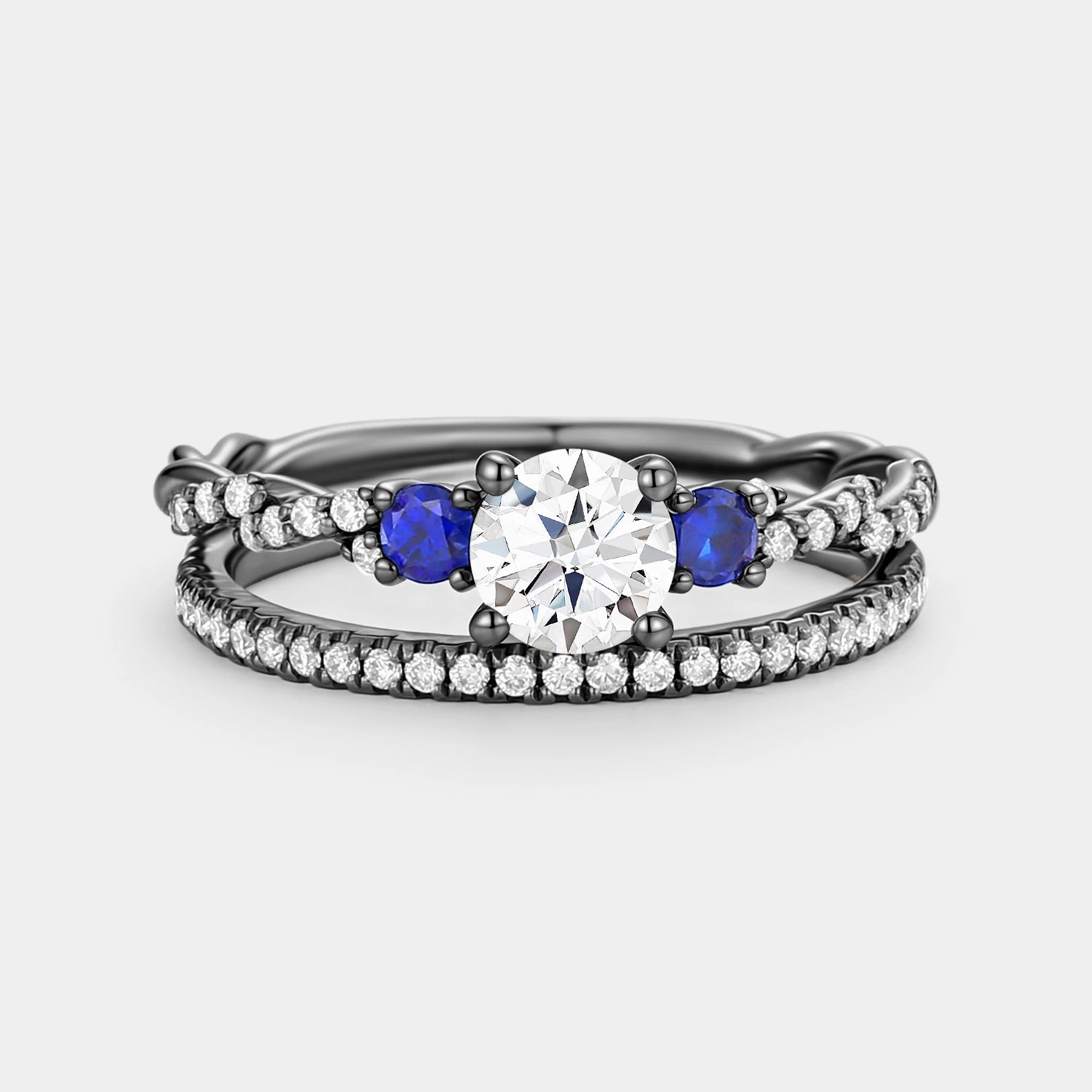 Round Cut Moissanite & Lab Sapphire Cluster Engagement Ring Set 2pcs - Clara Cute Accent Charming Piece