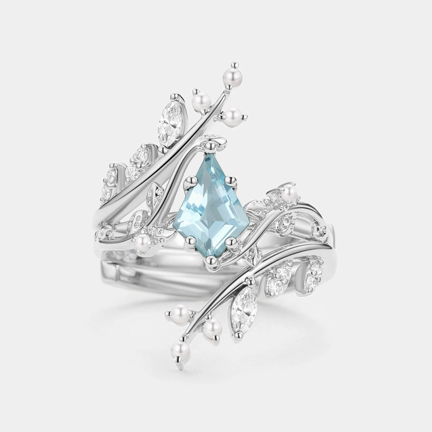 Kite Cut Aquamarine Cage Leafy Engagement Ring Sets 2pcs - Knight Non Stretch Exquisite work