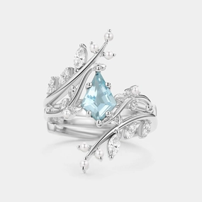 Kite Cut Aquamarine Cage Leafy Engagement Ring Sets 2pcs - Knight Non Stretch Exquisite work