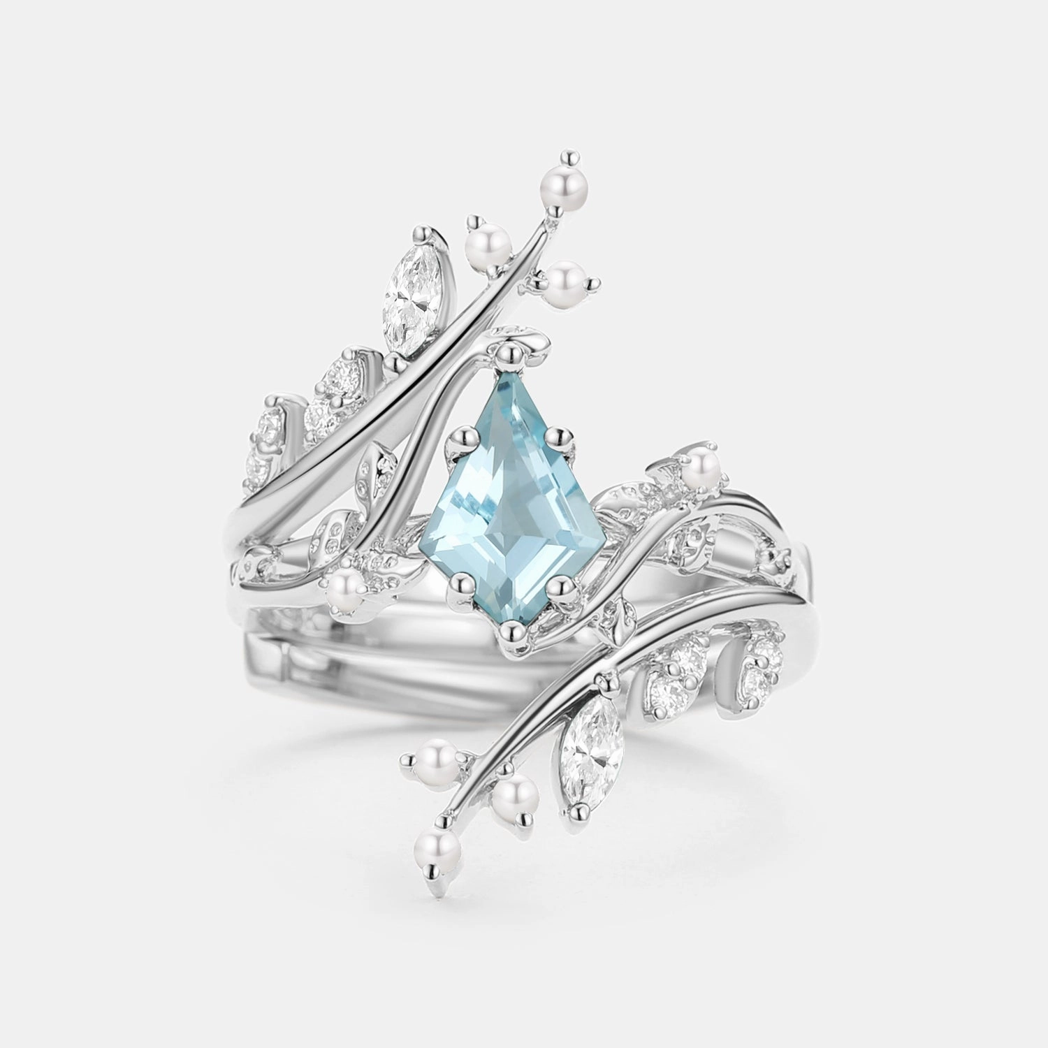 Comfortable Jewelry Kite Cut Aquamarine Cage Leafy Engagement Ring Sets 2pcs - Knight