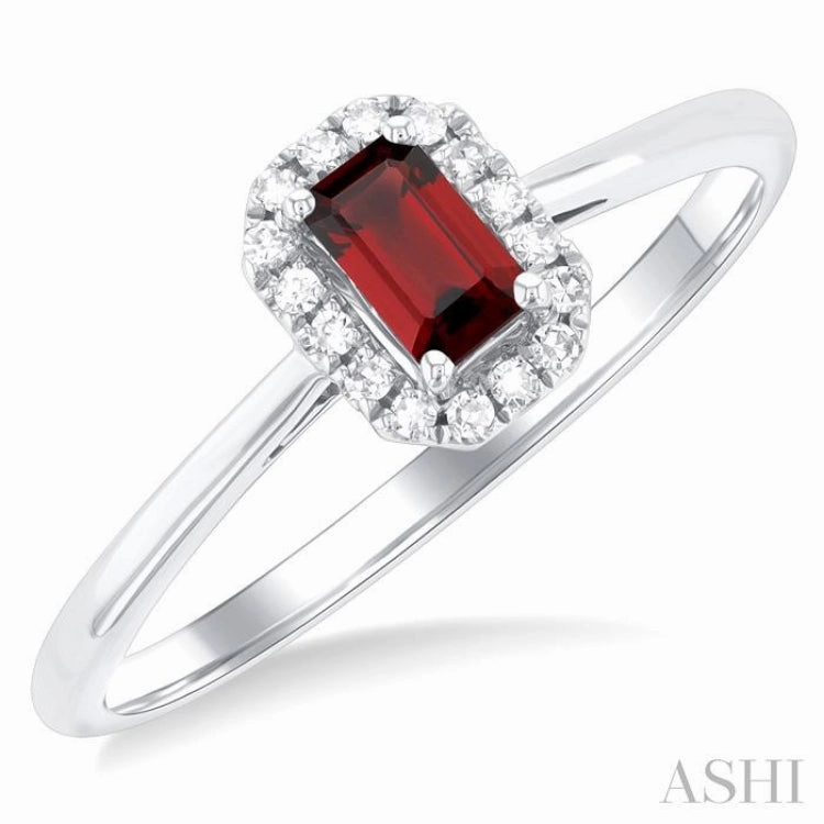 Ornate Mark Cherished Accent 5x3 MM Octagonal Shape Garnet and 1/20 Ctw Single Cut Diamond Halo Semi-Precious Ring in 14K White Gold