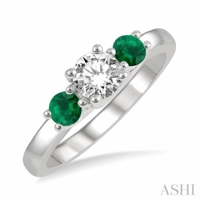 3.50 MM Round Shape Emerald and 3/8 Ctw Past, Present and Future Round Cut Diamond Precious Ring in 14K White Gold Branded Decoration Prototype Model
