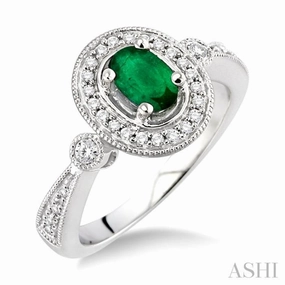 6x4 MM Oval Cut Emerald and 1/5 Ctw Round Cut Diamond Ring in 14K White Gold Exclusive Object Timeless Craft
