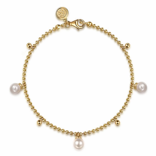14K Yellow Gold Bujukan Beads and Pearl Droplet Bracelet Fine finishing Shiny Creations