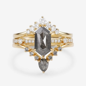 Vintage Hexagon Salt and Pepper Diamonds Ring Set 3pcs Lively Accent Flawless Look