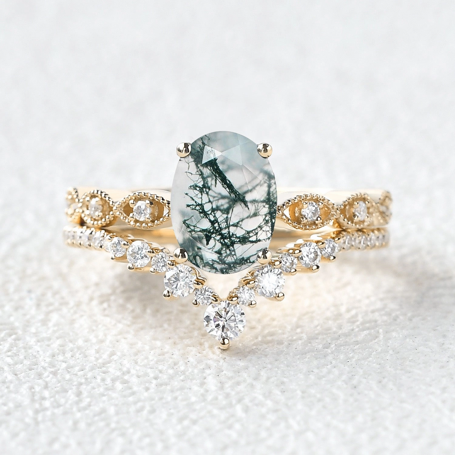 Timeless Look Unique Oval Moss Agate Signature Vintage Ring Set 2pcs