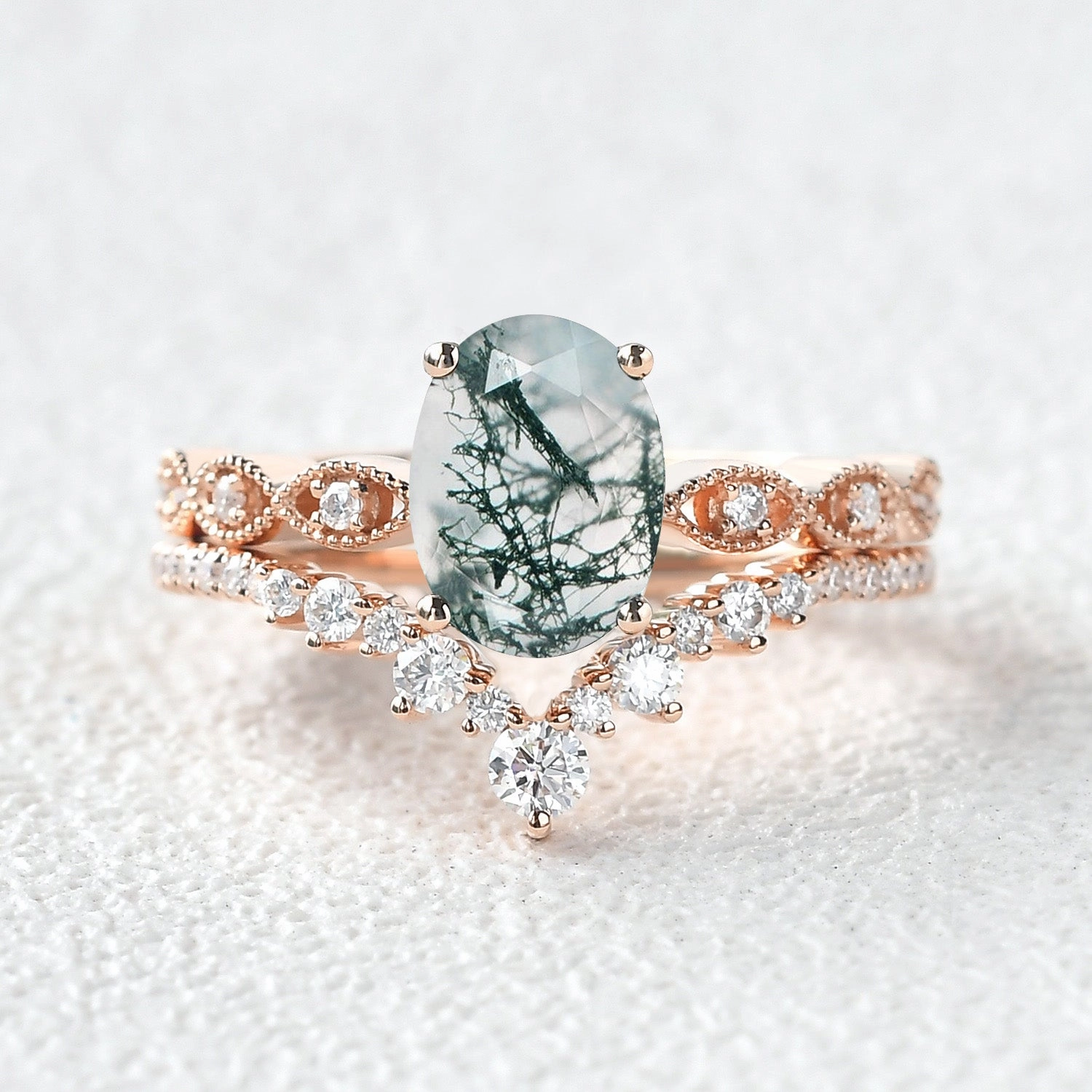 Classic Choice Glam Style Unique Oval Moss Agate Signature Vintage Ring Set 2pcs