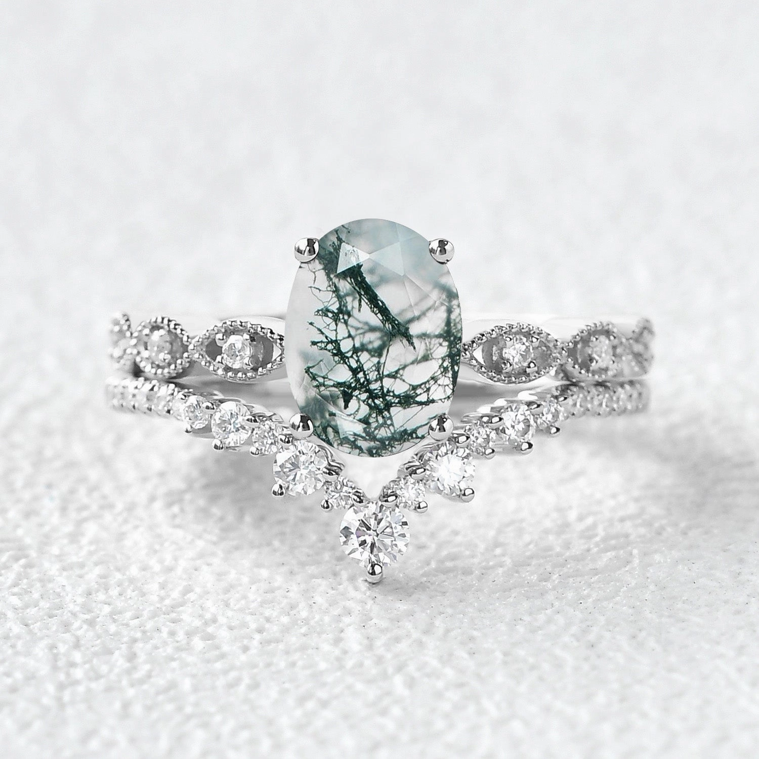 Carbon Neutral Brick and mortar Unique Oval Moss Agate Signature Vintage Ring Set 2pcs