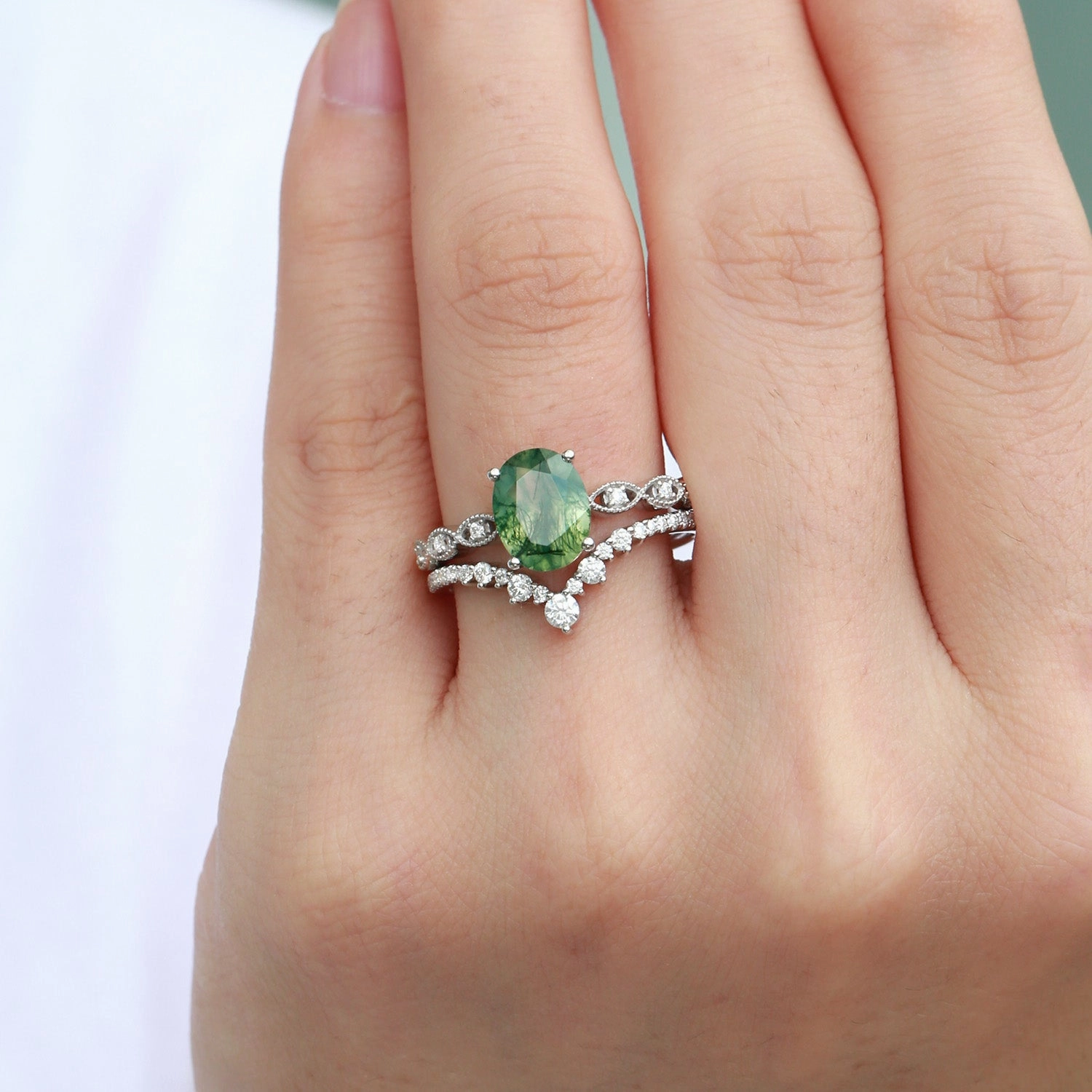 Any Season Look Unique Oval Moss Agate Signature Vintage Ring Set 2pcs