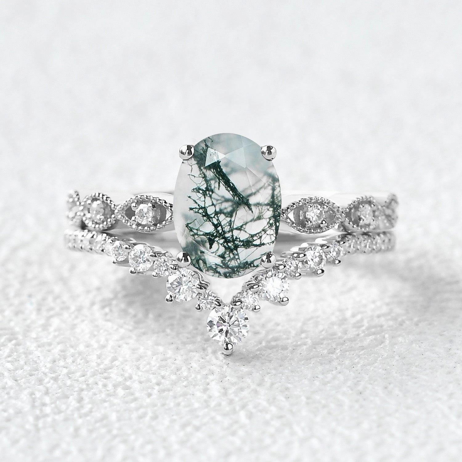 Unique Oval Moss Agate Signature Vintage Ring Set 2pcs Date night Luxury Token