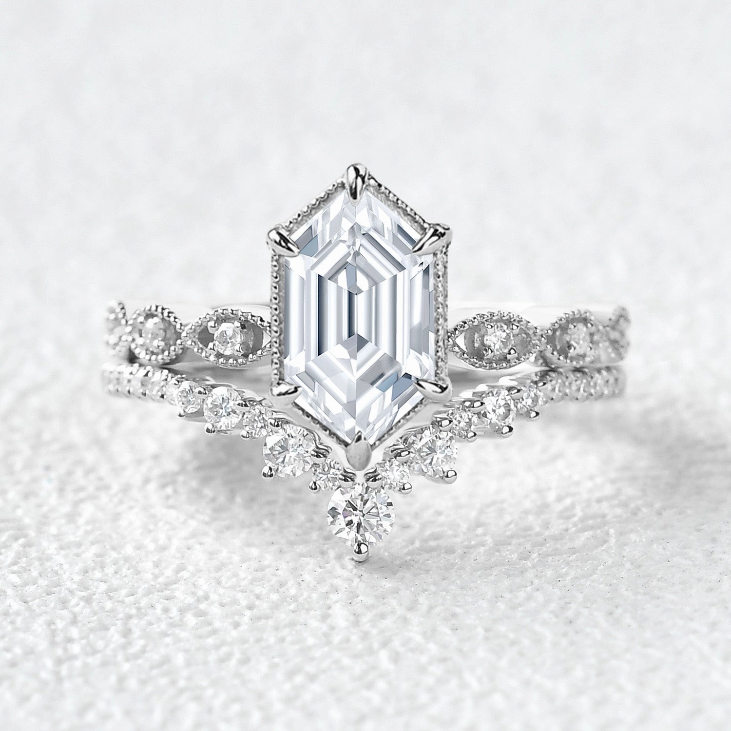 Victorian Vintage Long Hexagon Moissanite Ring Set 2pcs Seasonal Spark