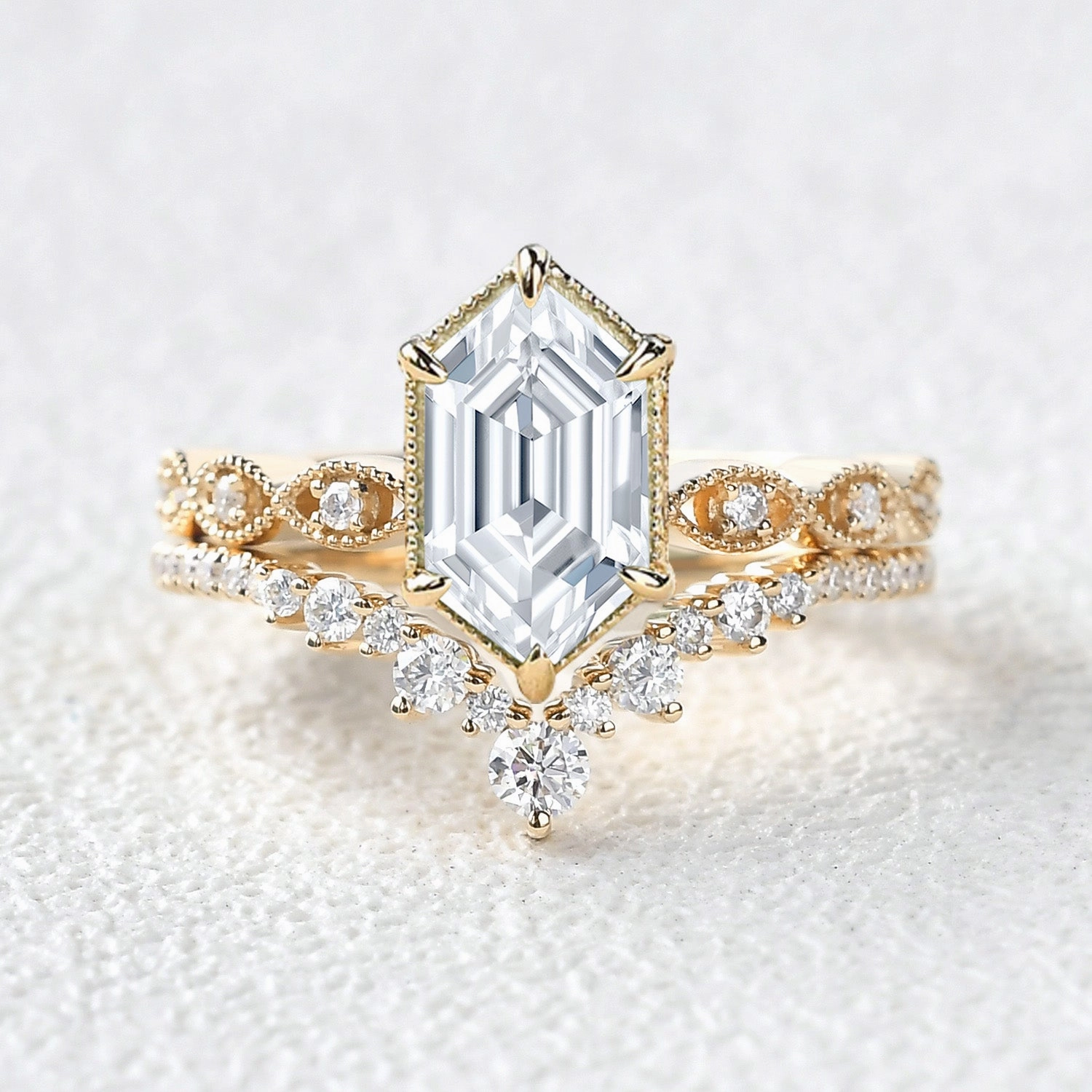 Night Detail Luxury Sparkle Victorian Vintage Long Hexagon Moissanite Ring Set 2pcs