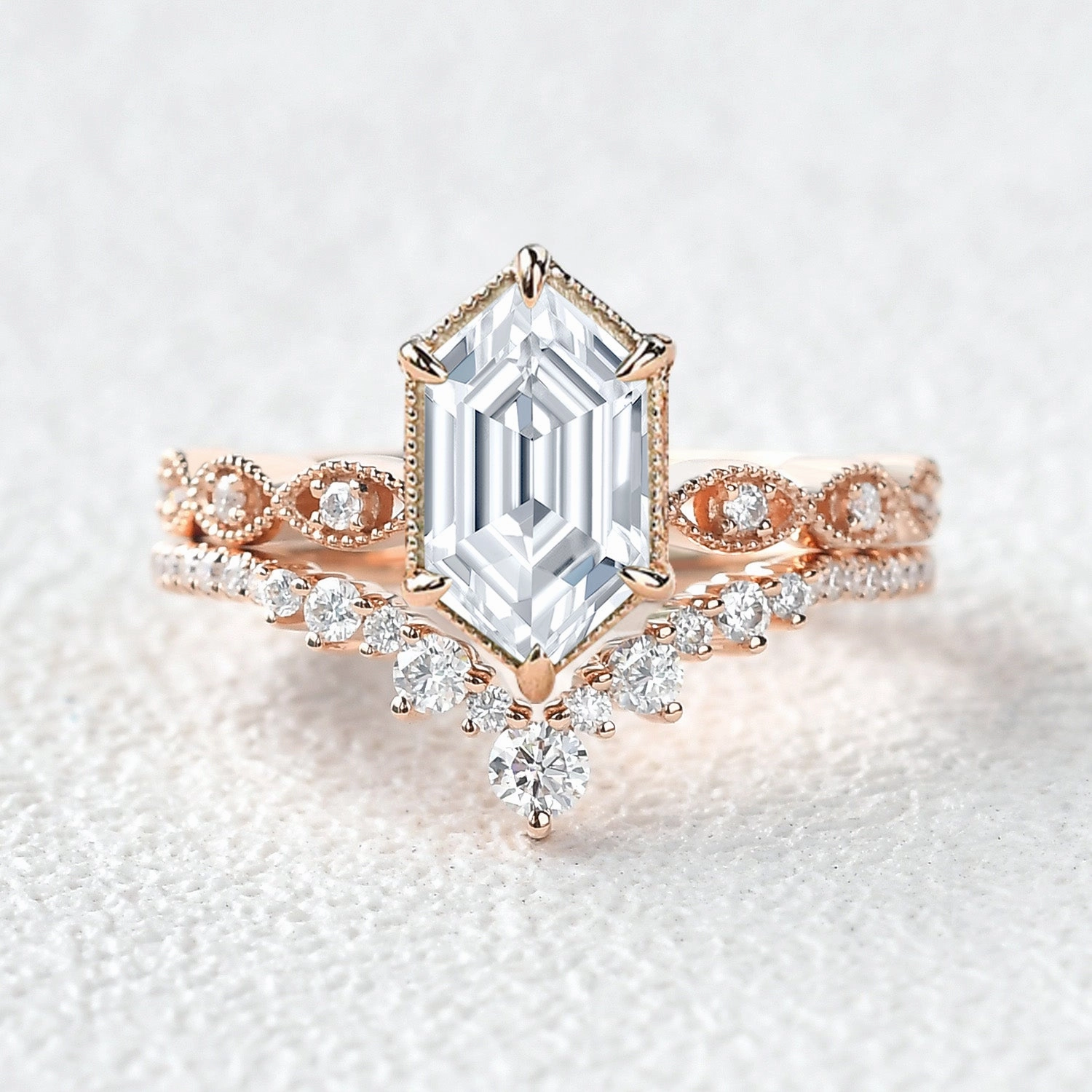 Custom Order Victorian Vintage Long Hexagon Moissanite Ring Set 2pcs