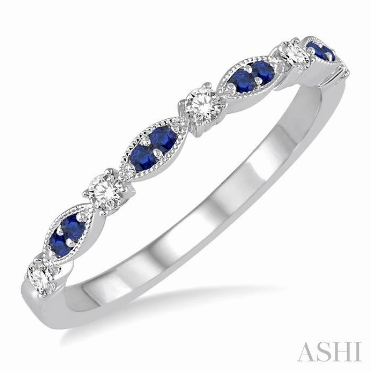 Unique Statement Figurative Art 1.35 MM Sapphire and 1/6 Ctw Round Cut Diamond Precious Stone Wedding Band in 14K White Gold