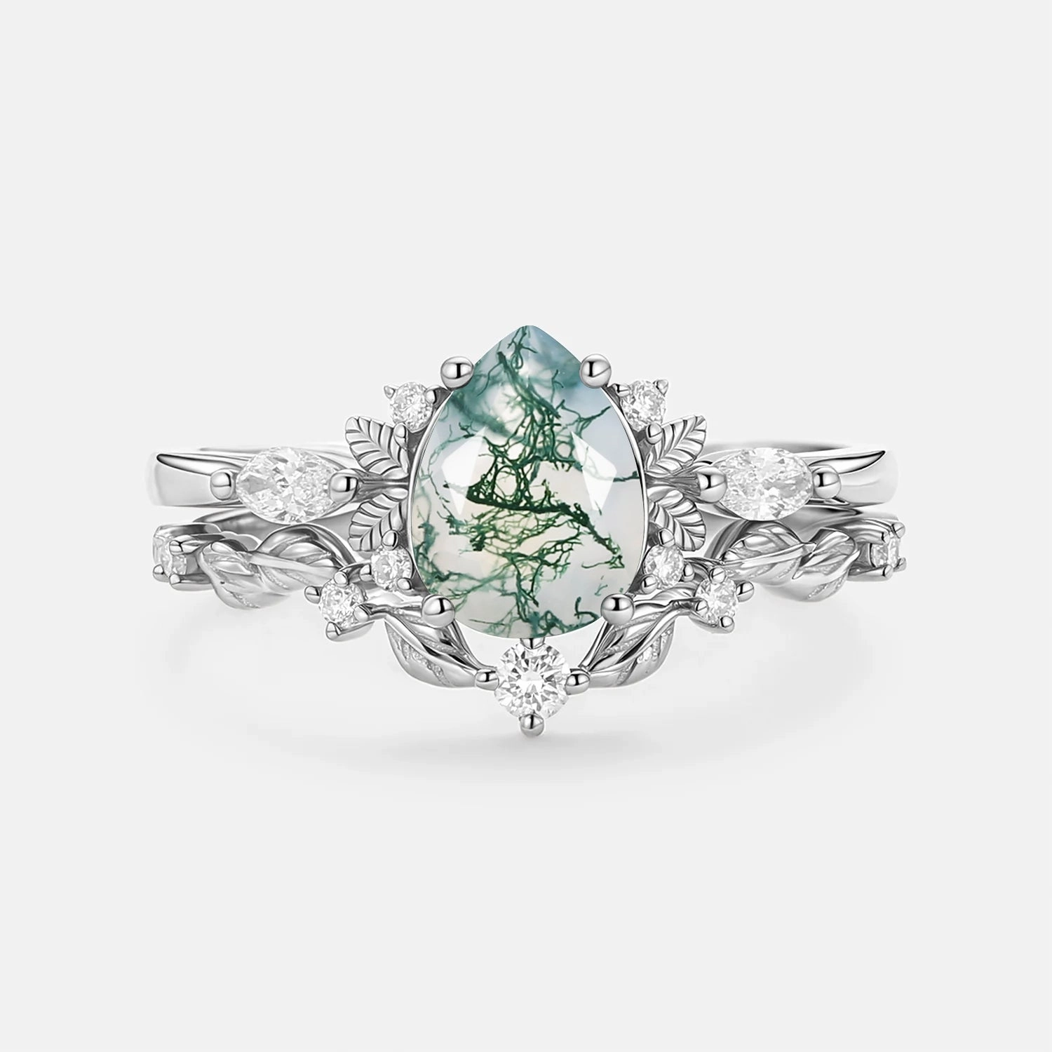 Romantic Design Gentle Flow Nature Inspired - Pear Shaped Moss Agate Leafy Fairy Ring Set 2pcs - Susan