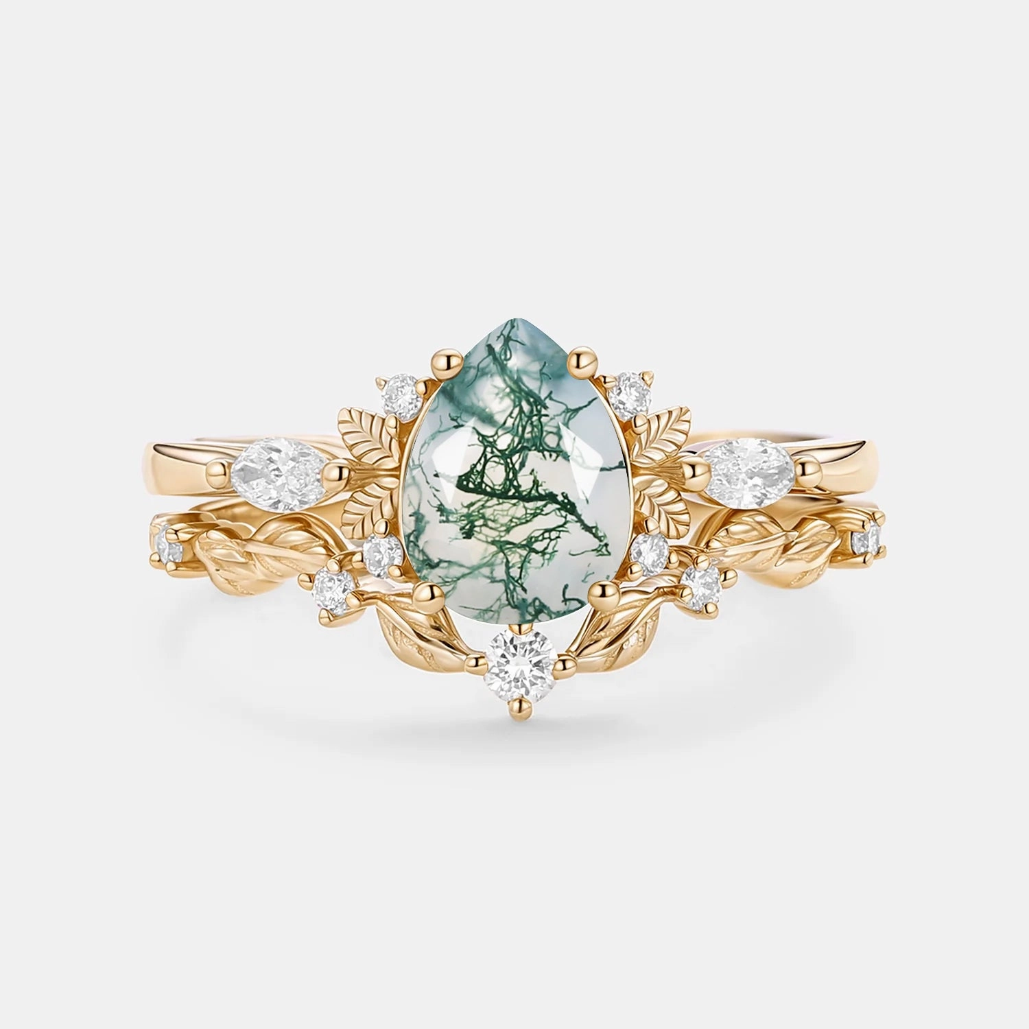 Modern Layer Nature Inspired - Pear Shaped Moss Agate Leafy Fairy Ring Set 2pcs - Susan