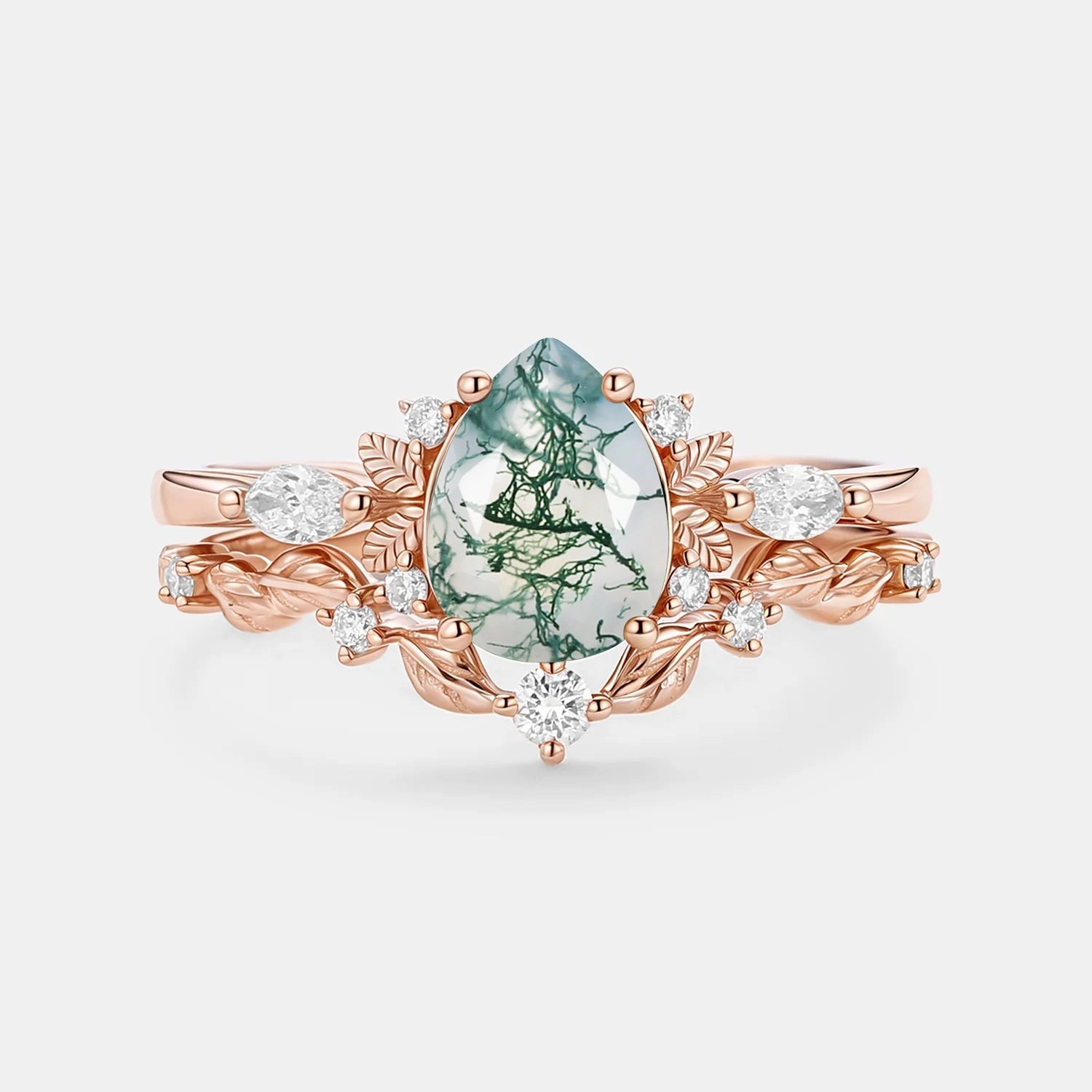 Nature Inspired - Pear Shaped Moss Agate Leafy Fairy Ring Set 2pcs - Susan Eternal Work