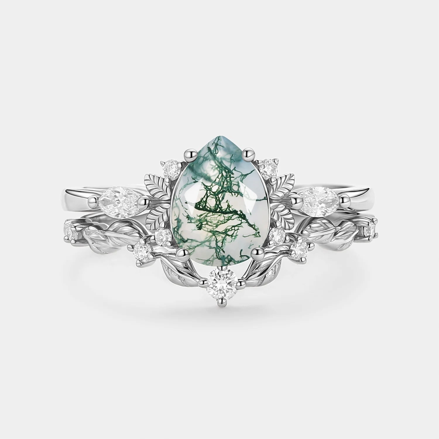 Luminous Touch Charming Pieces Design Nature Inspired - Pear Shaped Moss Agate Leafy Fairy Ring Set 2pcs - Susan