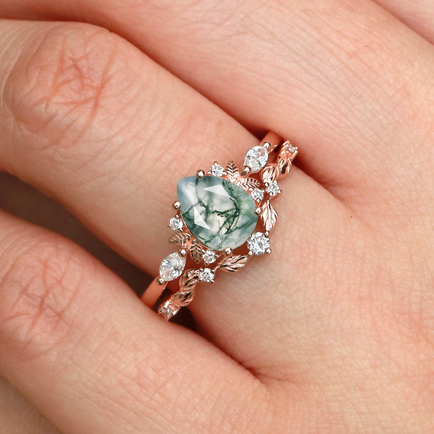 Exquisite work Nature Inspired - Pear Shaped Moss Agate Leafy Fairy Ring Set 2pcs - Susan