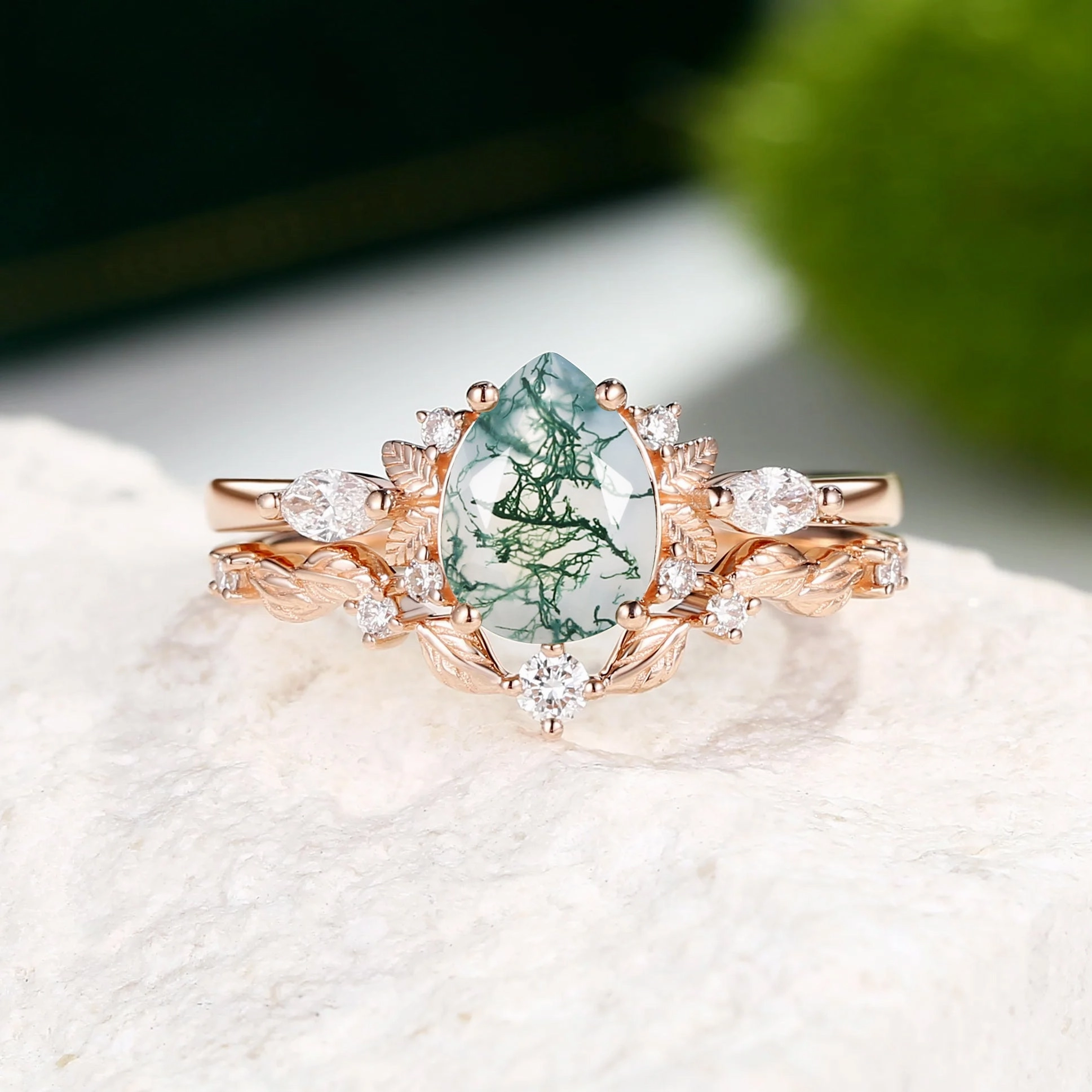 Nature Inspired - Pear Shaped Moss Agate Leafy Fairy Ring Set 2pcs - Susan Evening Shine