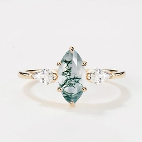 Luxury Pieces 1.0ct Marquise Cut Moss Agate Three Stone Engagement Ring