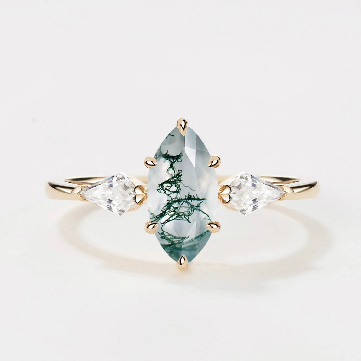 Guarantee Backed Artistic Symbol 1.0ct Marquise Cut Moss Agate Three Stone Engagement Ring