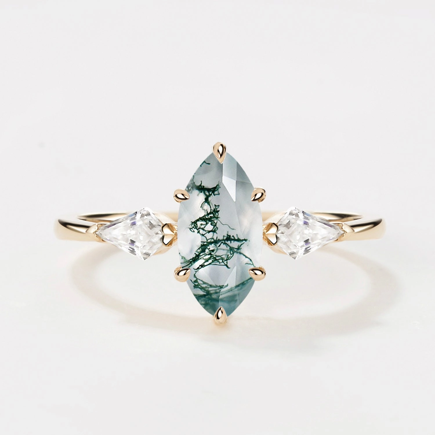 1.0ct Marquise Cut Moss Agate Three Stone Engagement Ring Shiny Radiance