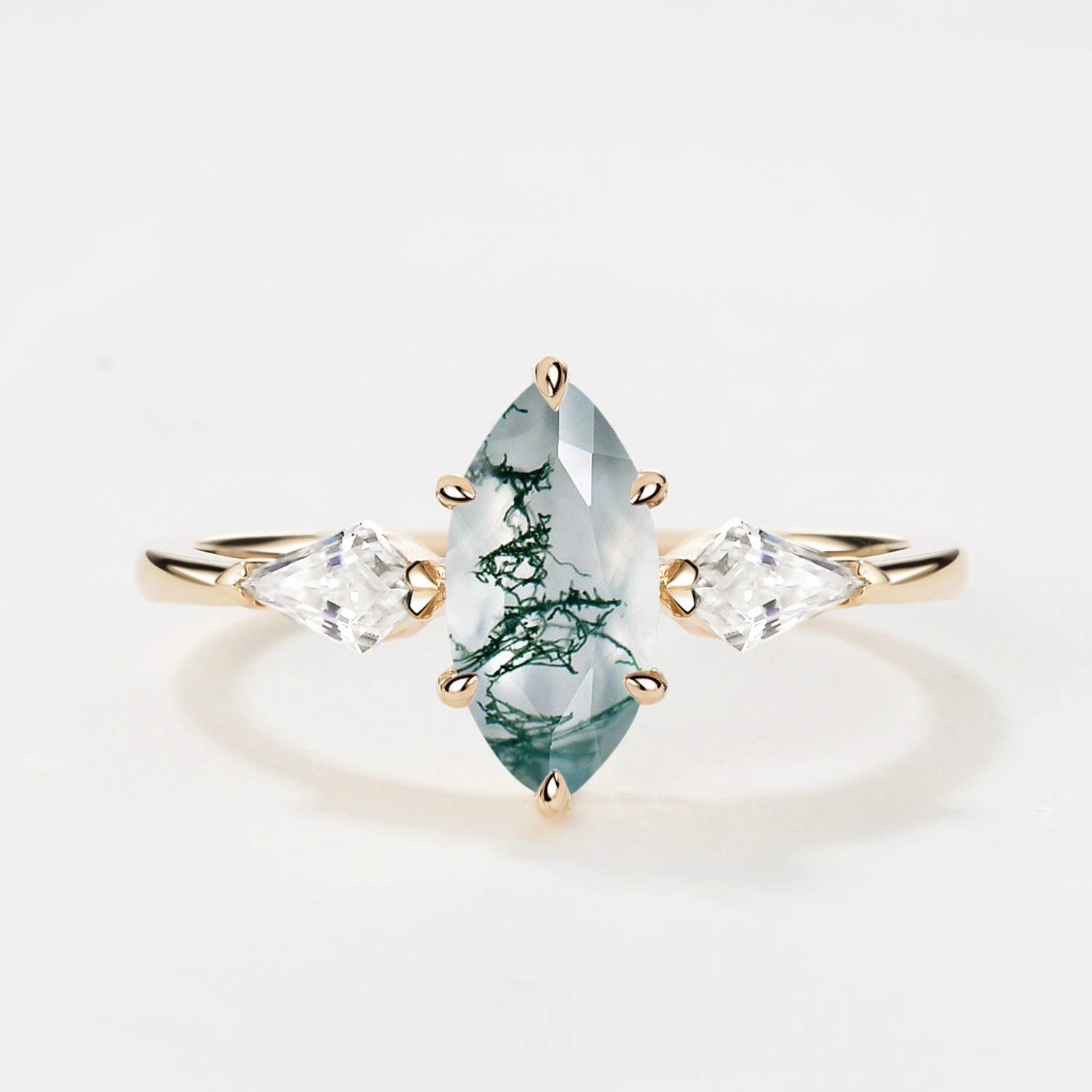 Luxury Pieces 1.0ct Marquise Cut Moss Agate Three Stone Engagement Ring