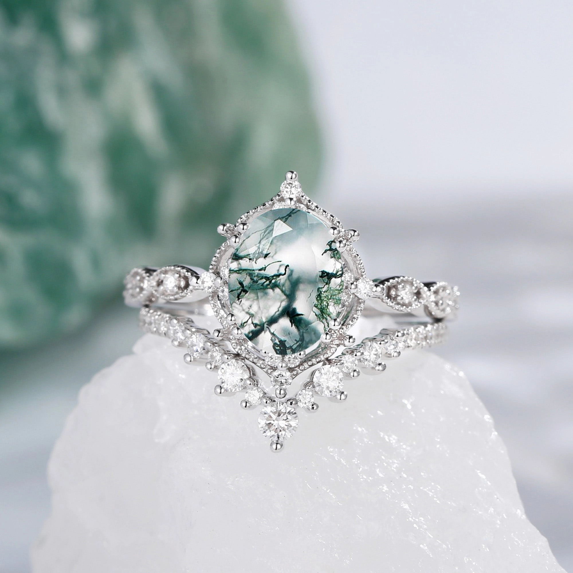 Radiant Style 1.5ct Signature Moss Agate Vintage Ring Set 2pcs - Charlotte