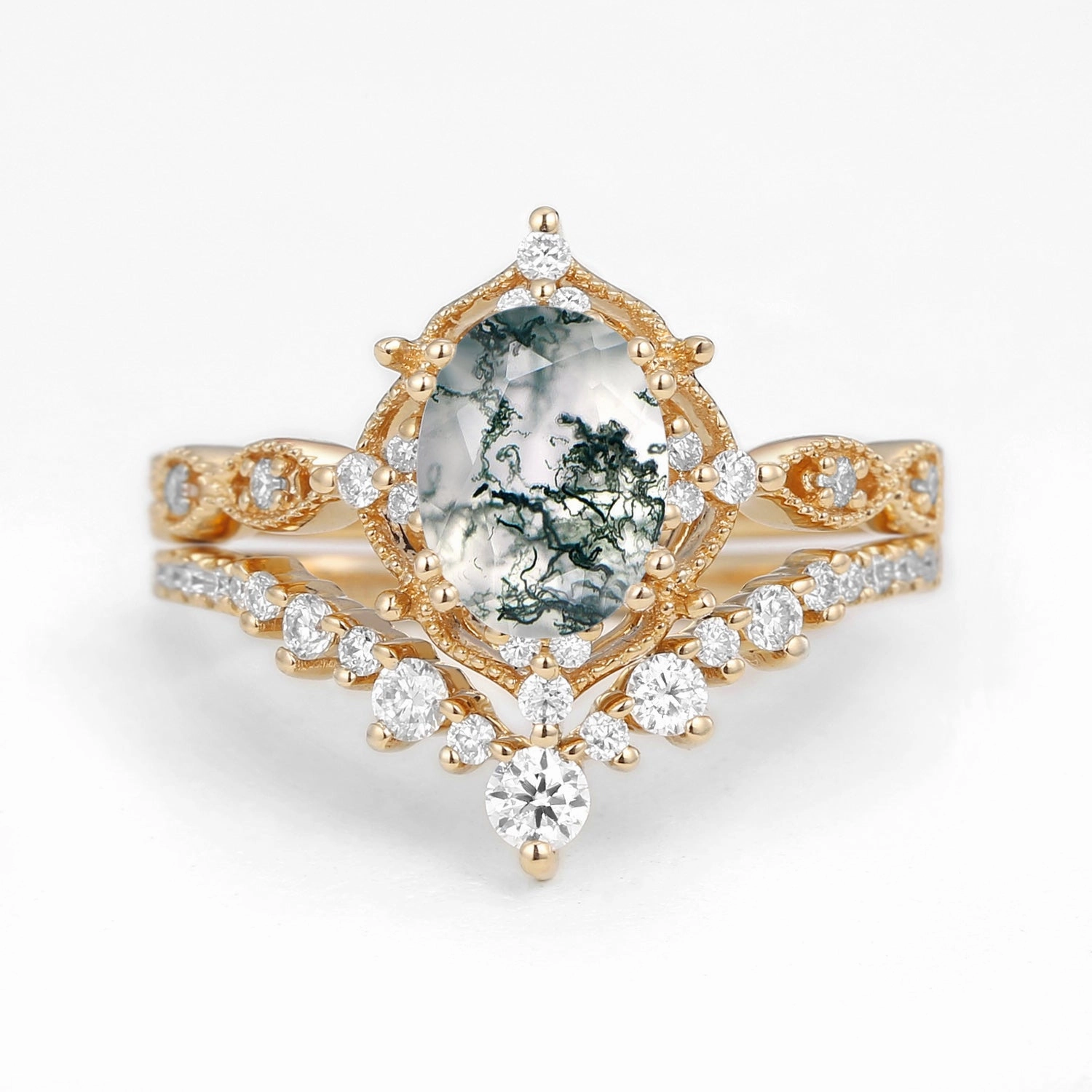 1.5ct Signature Moss Agate Vintage Ring Set 2pcs - Charlotte Elegant Article