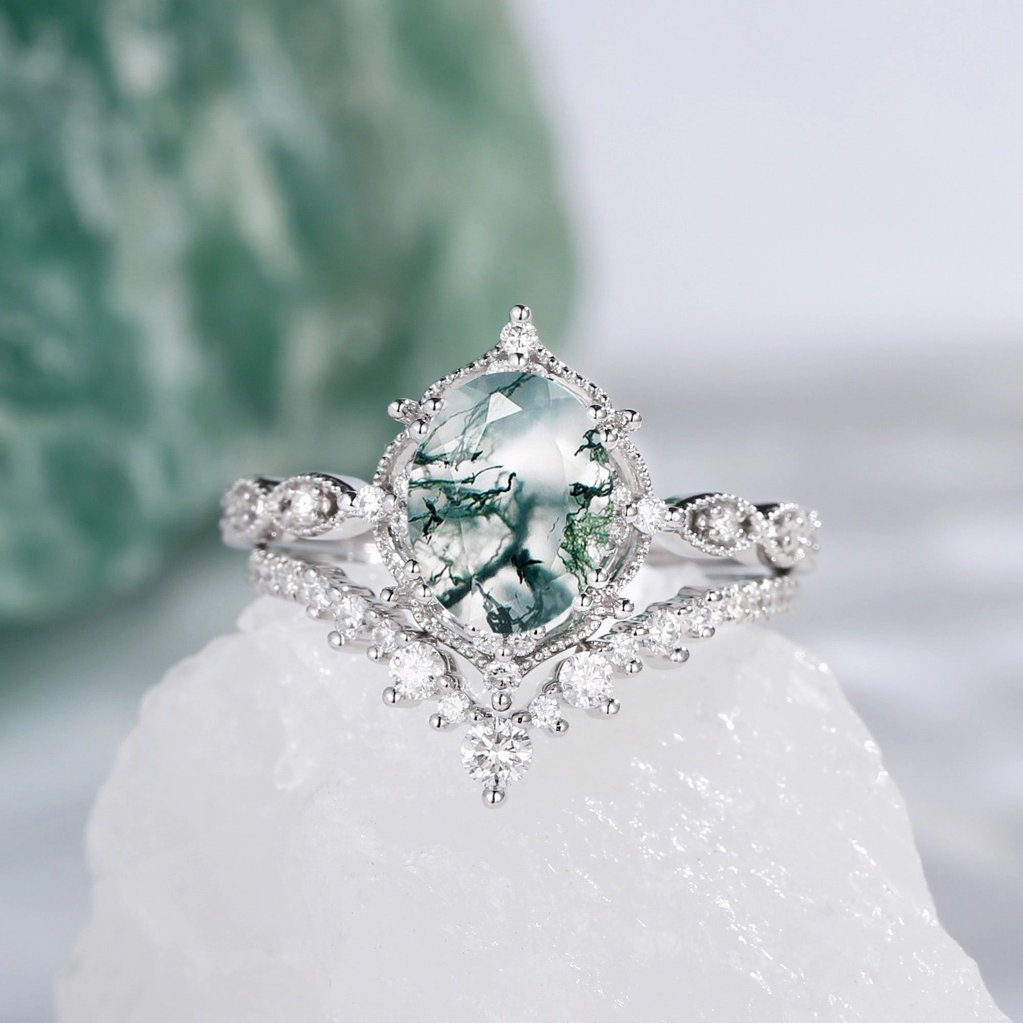 1.5ct Signature Moss Agate Vintage Ring Set 2pcs - Charlotte Creative Adornment