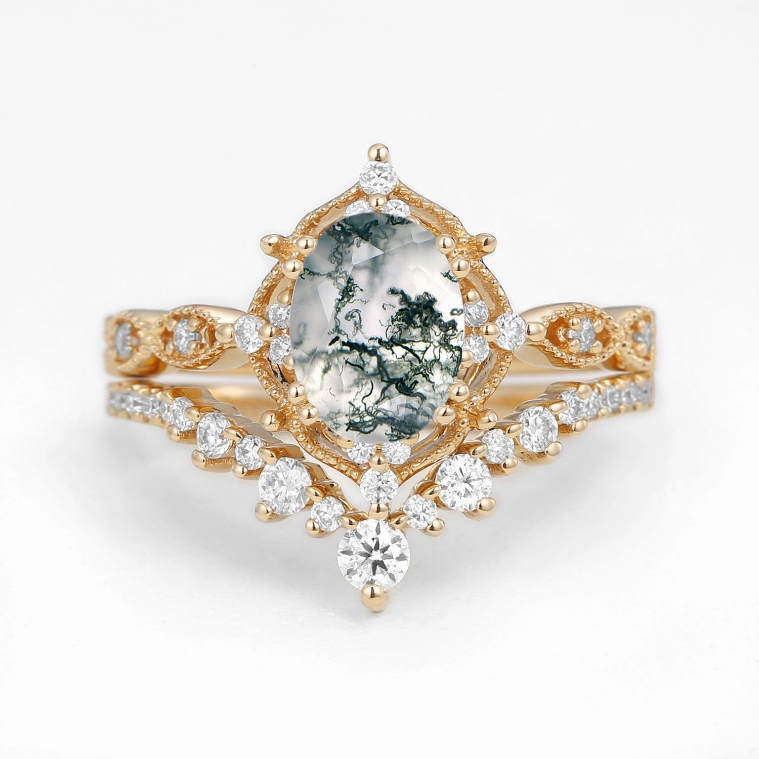 1.5ct Signature Moss Agate Vintage Ring Set 2pcs - Charlotte High-End Decoration