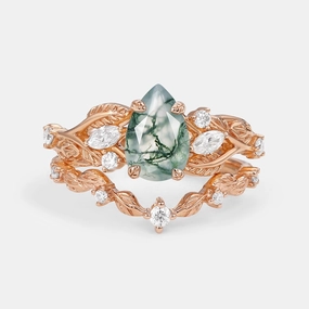 Modern Outfit Vintage Leafy Pear Cut Moss Agate Engagement Ring Sets 2pcs