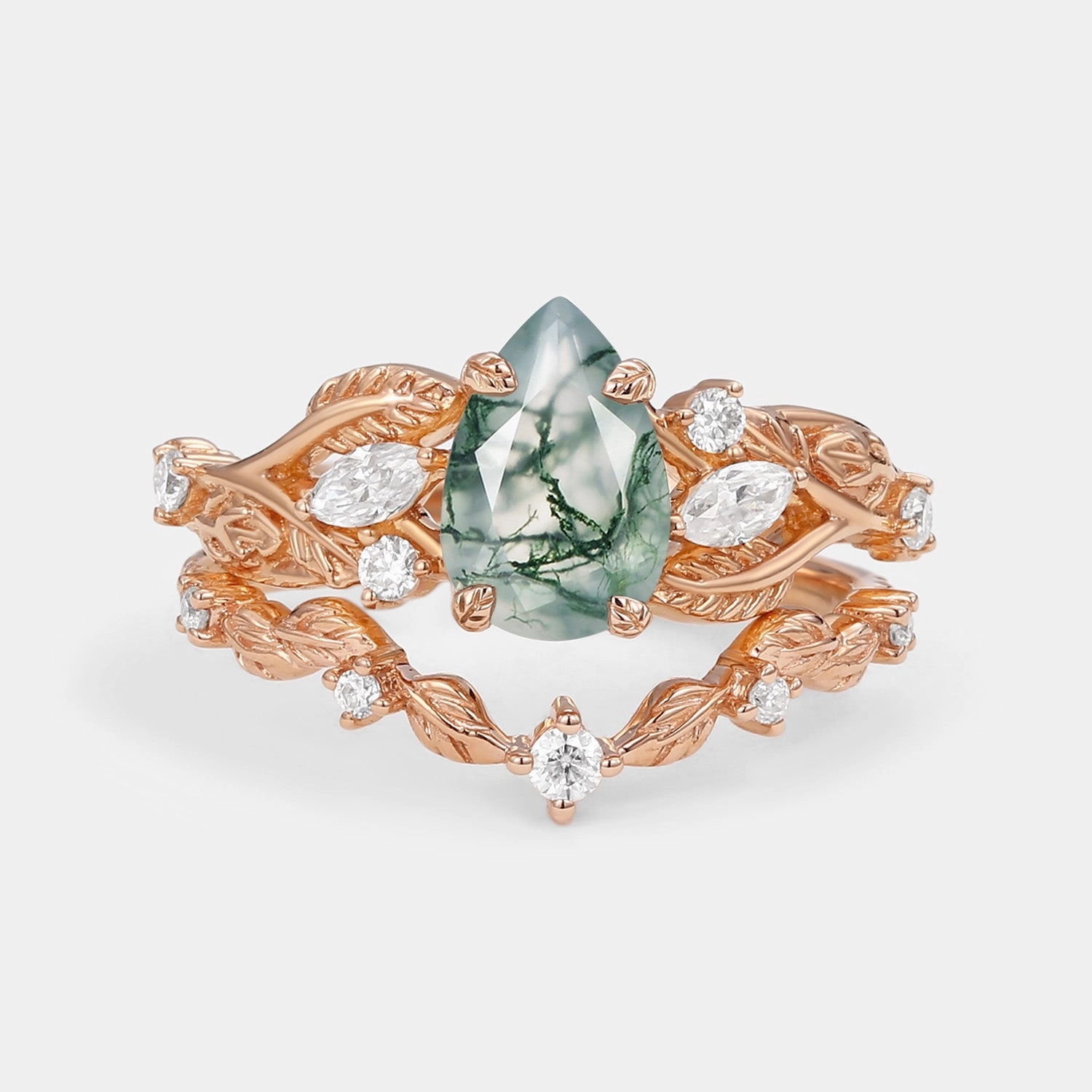 Vintage Leafy Pear Cut Moss Agate Engagement Ring Sets 2pcs Sophisticated Design