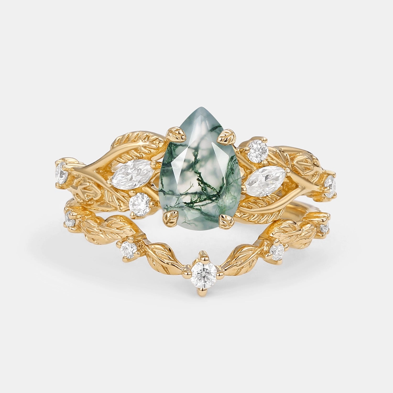 Stylish Detail Work Outfit Vintage Leafy Pear Cut Moss Agate Engagement Ring Sets 2pcs