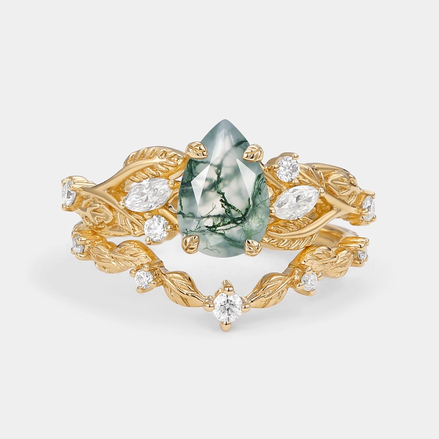 Modern Present Vintage Leafy Pear Cut Moss Agate Engagement Ring Sets 2pcs