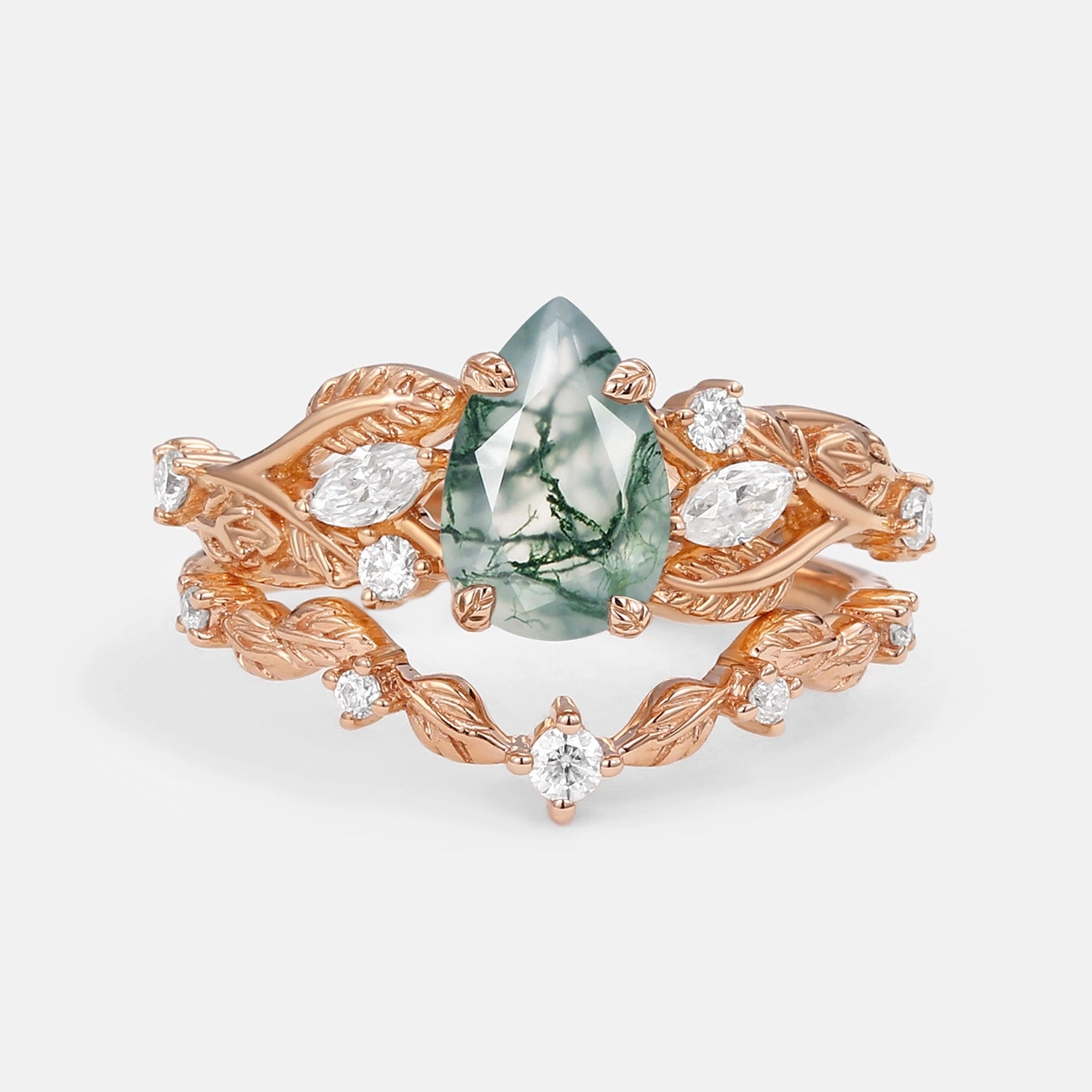 Vintage Leafy Pear Cut Moss Agate Engagement Ring Sets 2pcs HighEnd Mark Winter Look