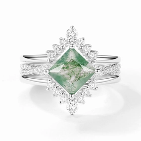 2.0ct Moss Agate Princess Cut Stacking Engagement Ring Set 3pcs Sophisticated Craft