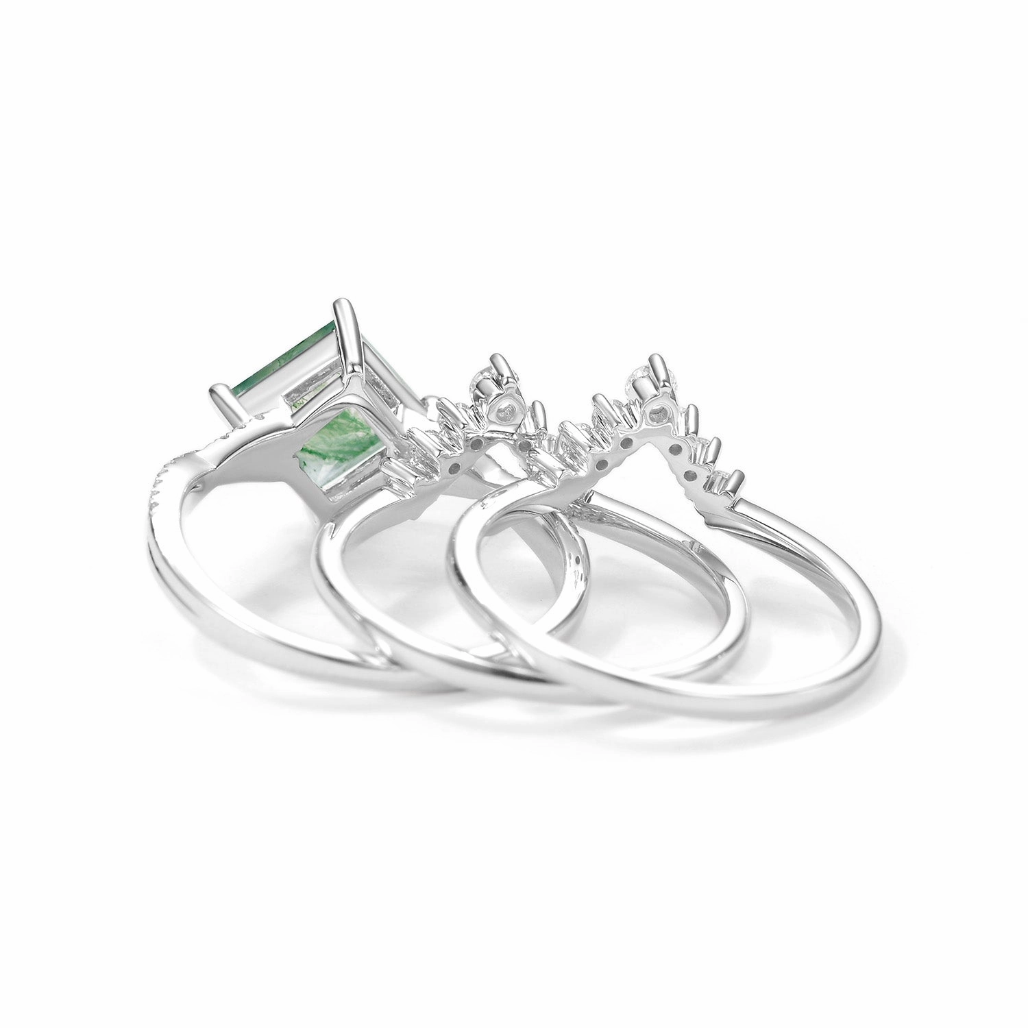 2.0ct Moss Agate Princess Cut Stacking Engagement Ring Set 3pcs Model Shot